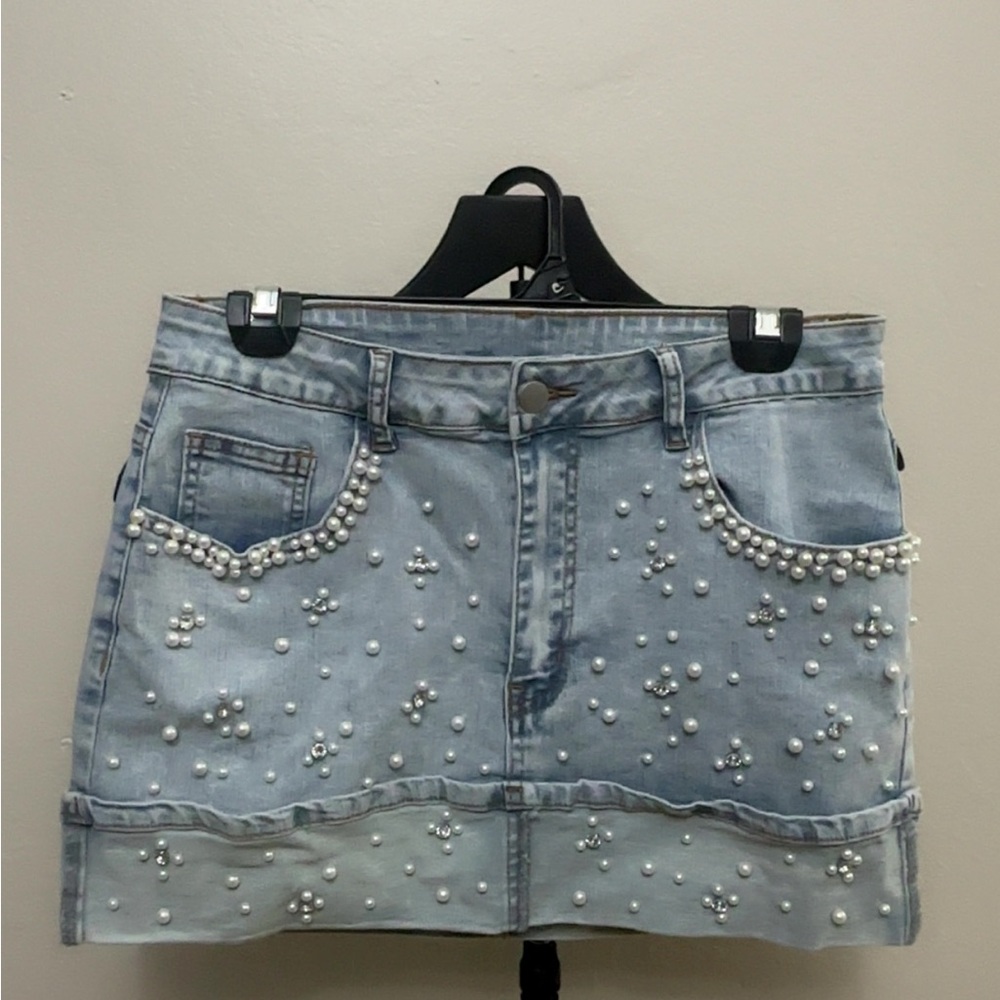 SHEIN Pearl Denim Mini Skirt Large | Coquette Y2K Rhinestone